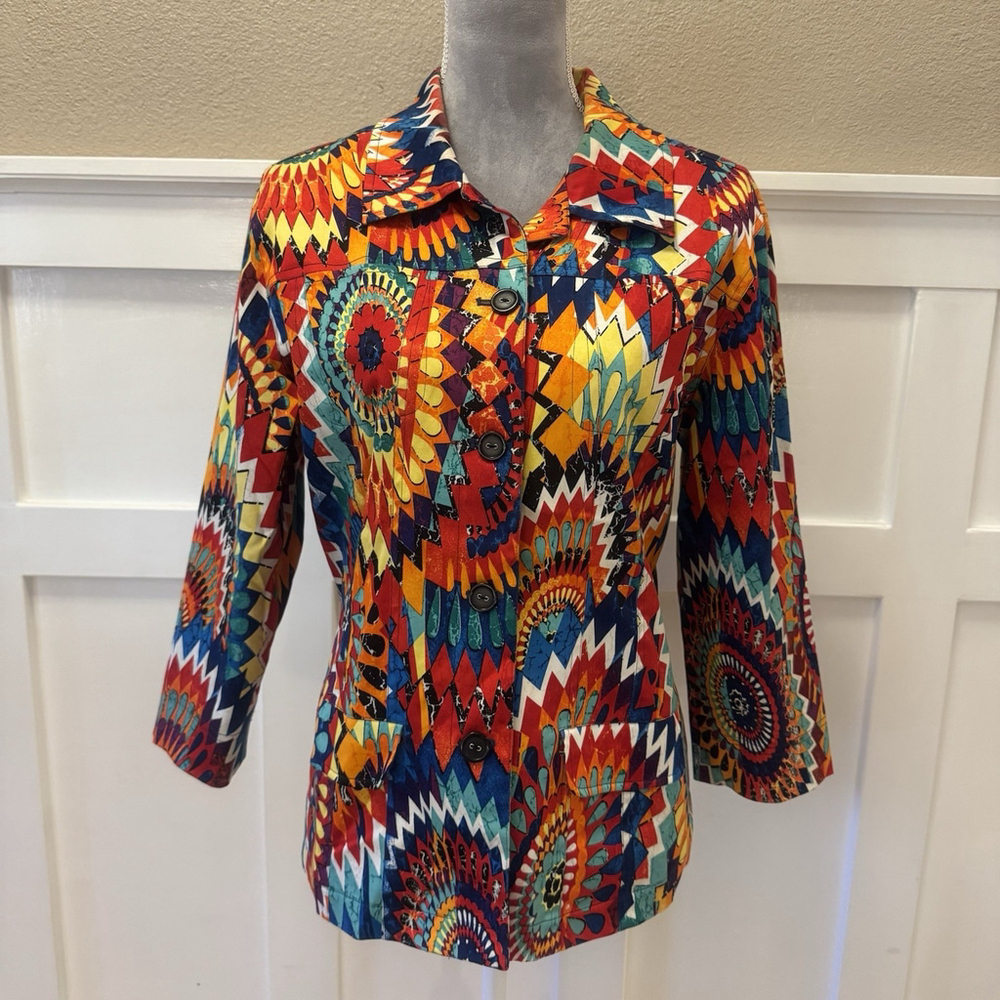 Chico’s Lined Colorful Jacket Size:2(L) Cotton Pockets Princess Seams Hip Mod